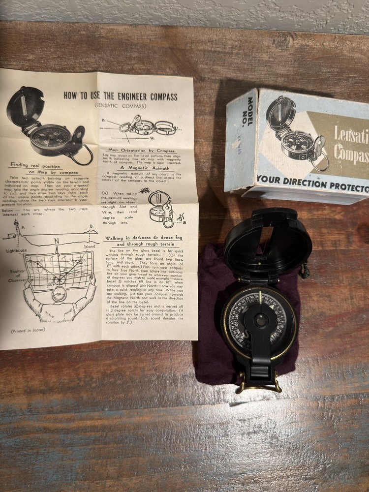 Vintage ~ Lensatic Engineer Compass ~ Original Box / Storage Pouch / Directions