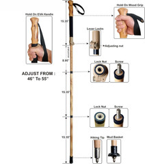 Wood Trekking Pole Hiking Walking Stick – Adjustable Folding Cane Beech Handle