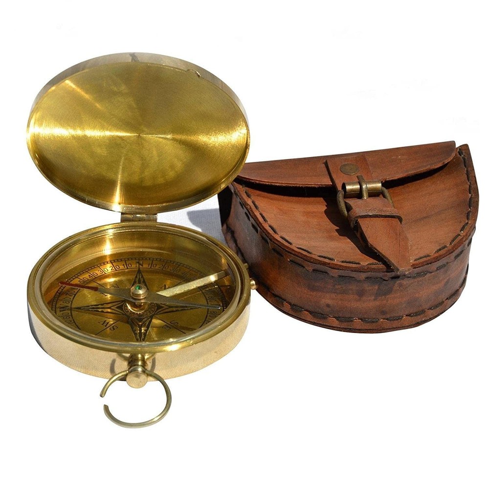 Handmade Brass Pocket Compass with Leather Case | Vintage Nautical Hiking Gift