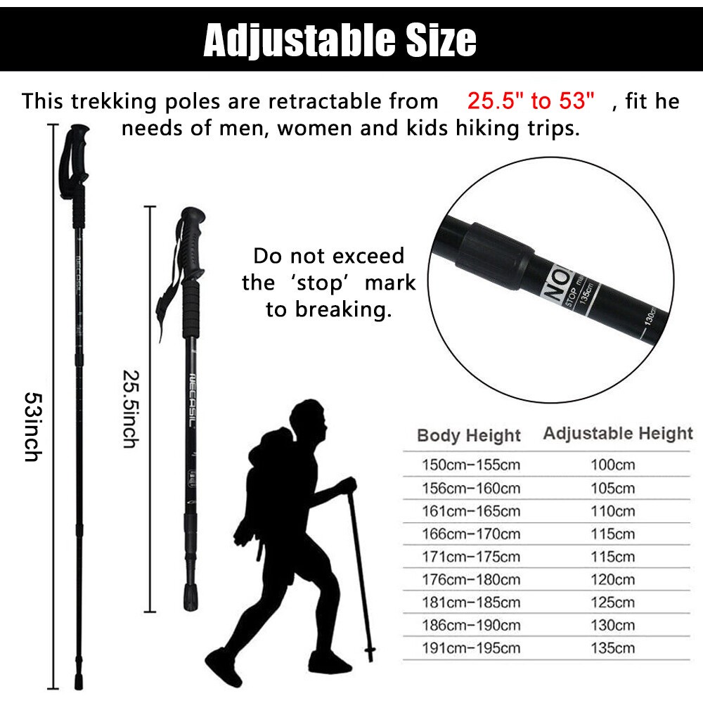 2 Packs Adjustable Hiking Poles Aluminum Collapsible Trekking Walking Sticks