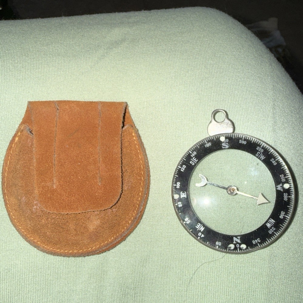 Vintage 1950s Compass Deluxe Glass Compass with Original Leather Belt Pouch
