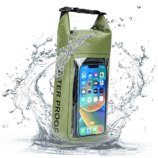 Waterproof Dry Bag, Beach Phone Bag 2L Roll Top Waterproof Backpack Green