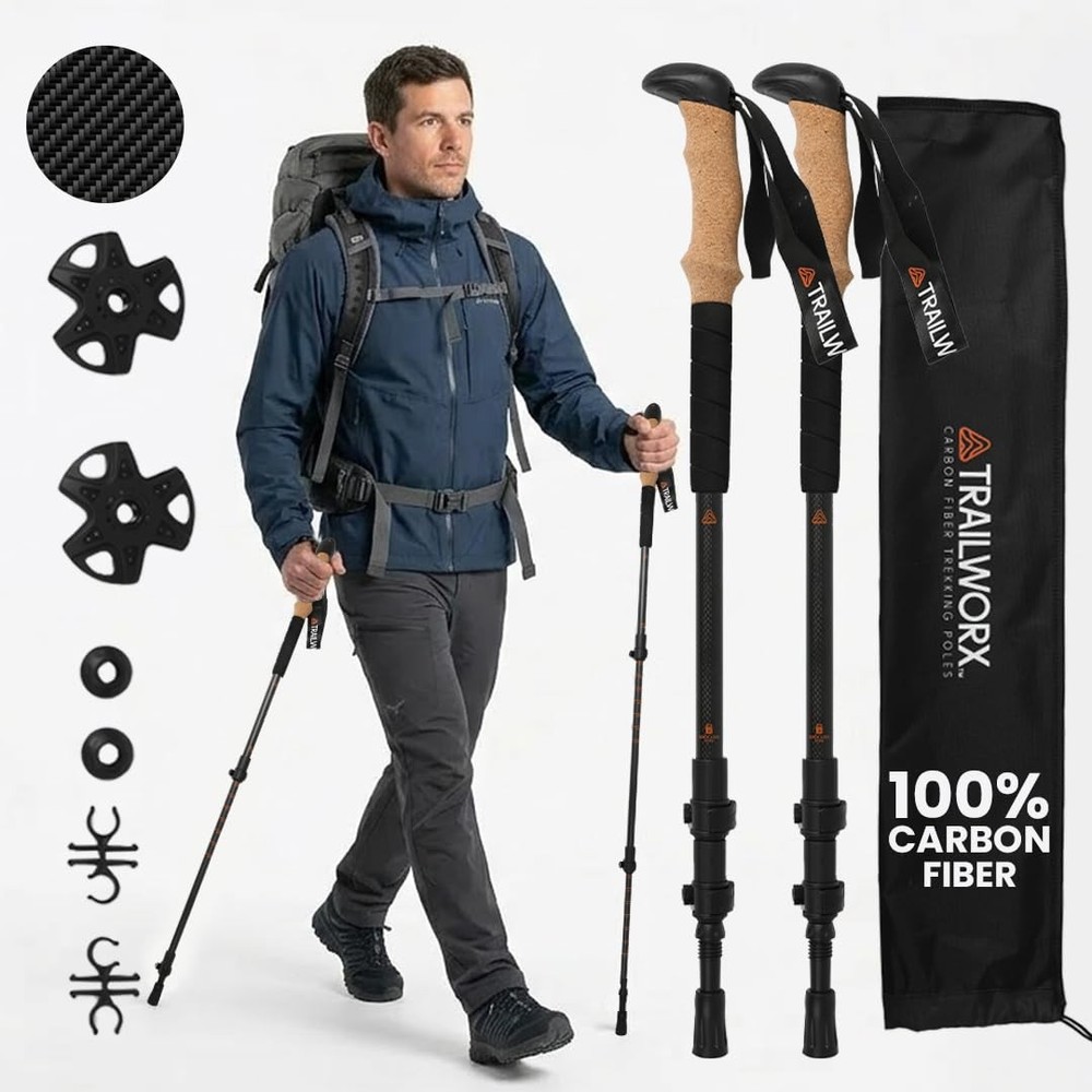 3K Carbon Fiber Trekking Poles, Collapsible Set of 2 Lightweight Adjustable H…