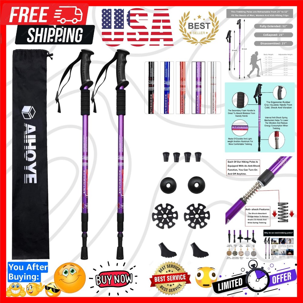 Hiking Trekking Poles, 2 Pack Collapsible, Lightweight, Anti Shock, Walking S…