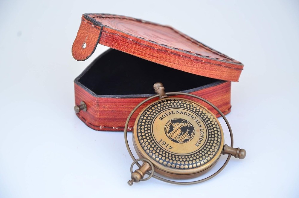 Handmade Antique Brass London Push-Button Compass with Leather Case