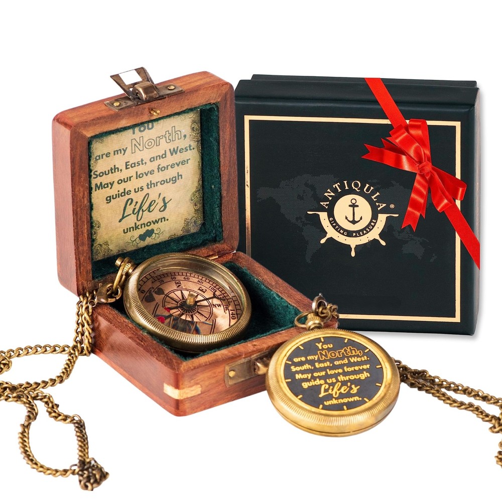 Brass Compass with Wooden Box Graduation Gifts Pirate Accessory Travel Decor