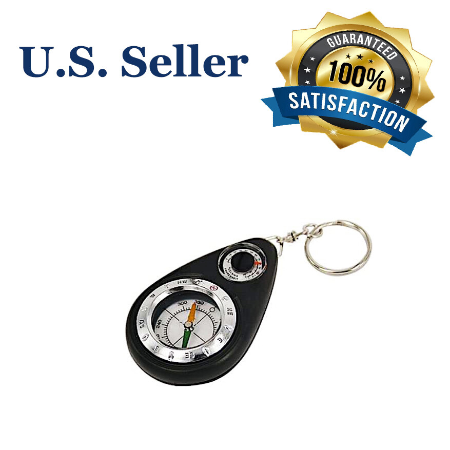 Black Lightweight Mini Outdoor Camping Survival Thermometer Compass Key Chain