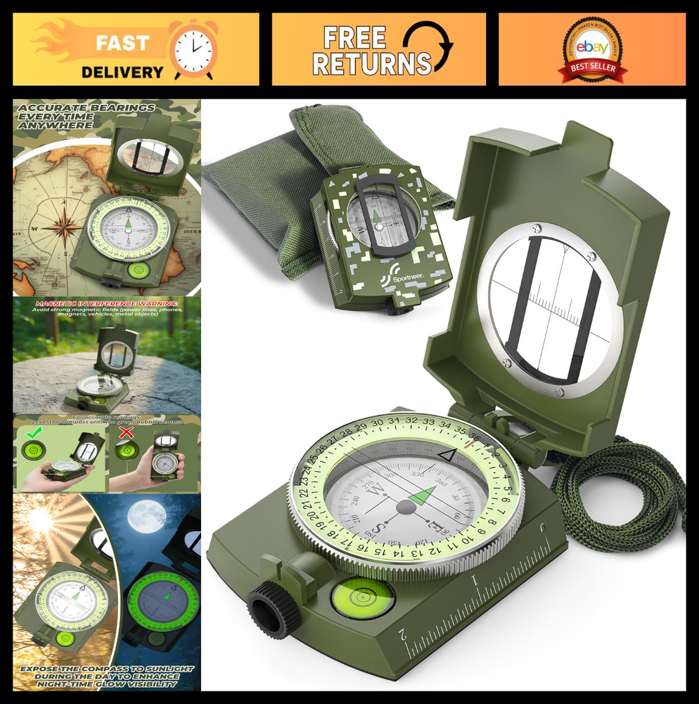 Accurate Lightweight Orienteering Compass with Strap & Case, Glow in Dark, Water