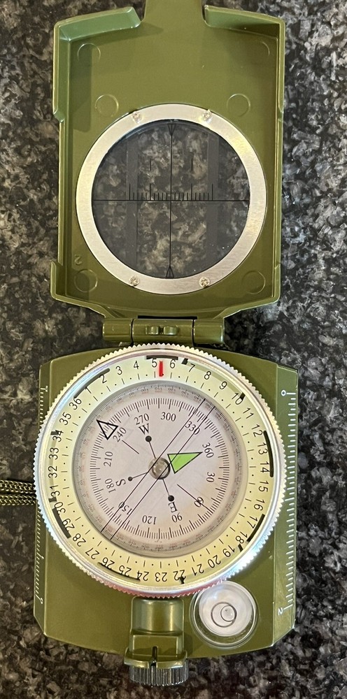 Lensatic Compass, army green, US Military Issue Pouch, bubble level 360 scale