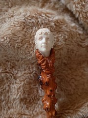 CRAVED BONE FACE FOR THE HANDLE SOLID WOOD CARVED STAFF WALKING STICK CANE