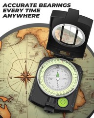 Accurate Lightweight Orienteering Compass with Strap & Case, Glow in Dark, Water