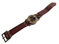 Nautical Brass Compass Watch with Brown Leather Band Antique Sundial Compass
