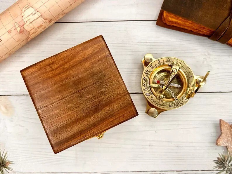 Brass Sundial compass with wooden box Hiking camping adventure west london
