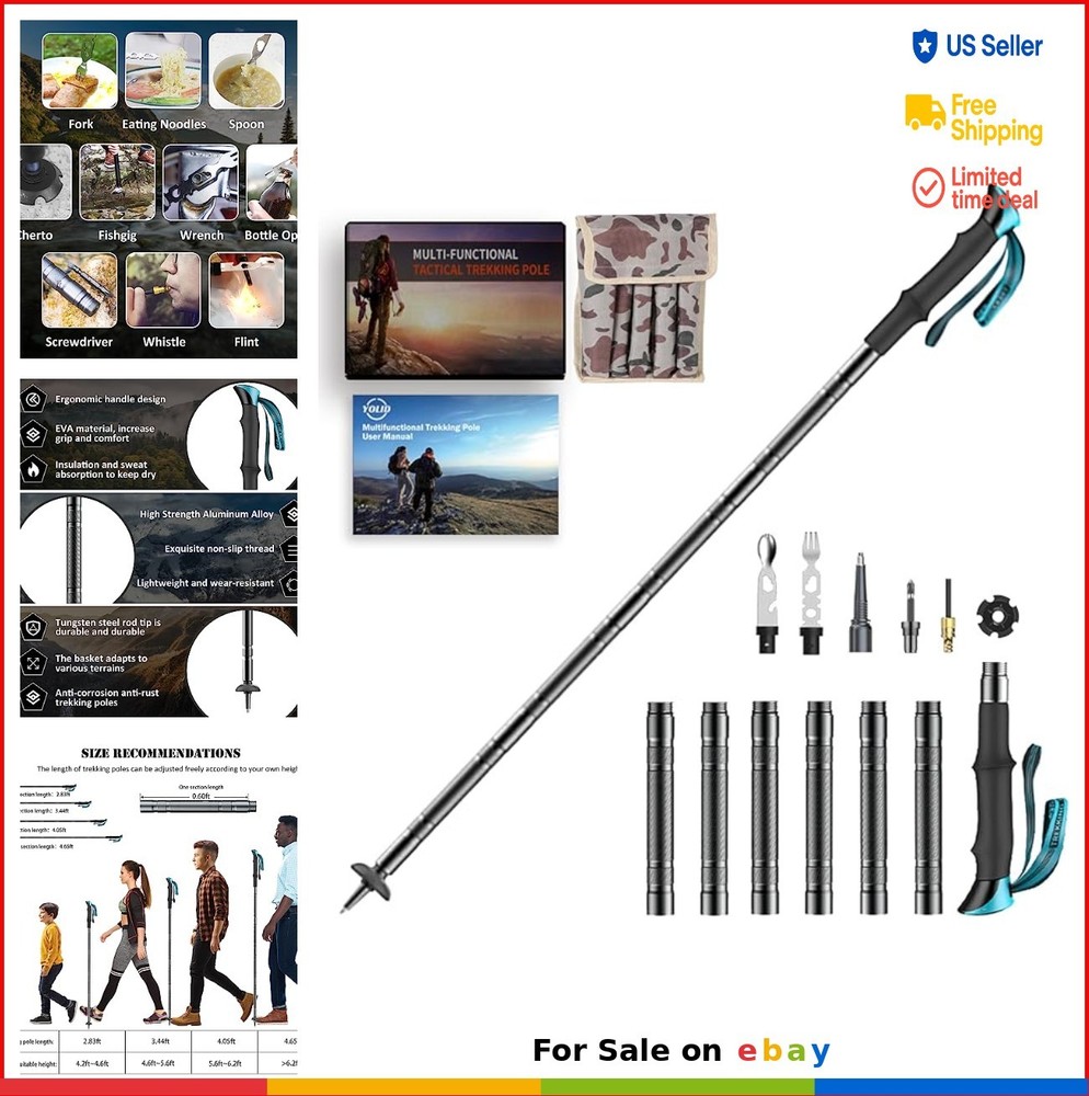 Tactical Walking Stick 15 in 1 Hiking Pole Adjustable 32-53 Inches Camping