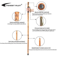 3pc Detachable Hiking Walking Stick Set – 55″ Fir Wood, Compass, Animal Carving,