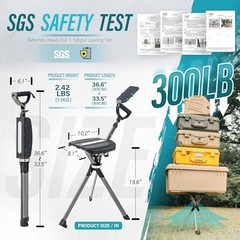 Ta-Da Chair Series 2 PRO, Portable Trekking Hiking Pole, Folding Walking Black