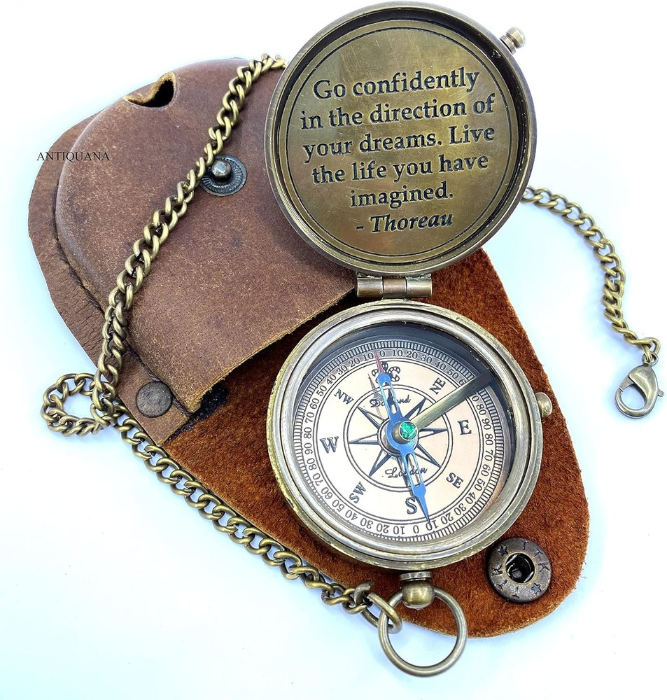 Brass Compass Unique Print Go Confidently Quote Compass With Leather Case