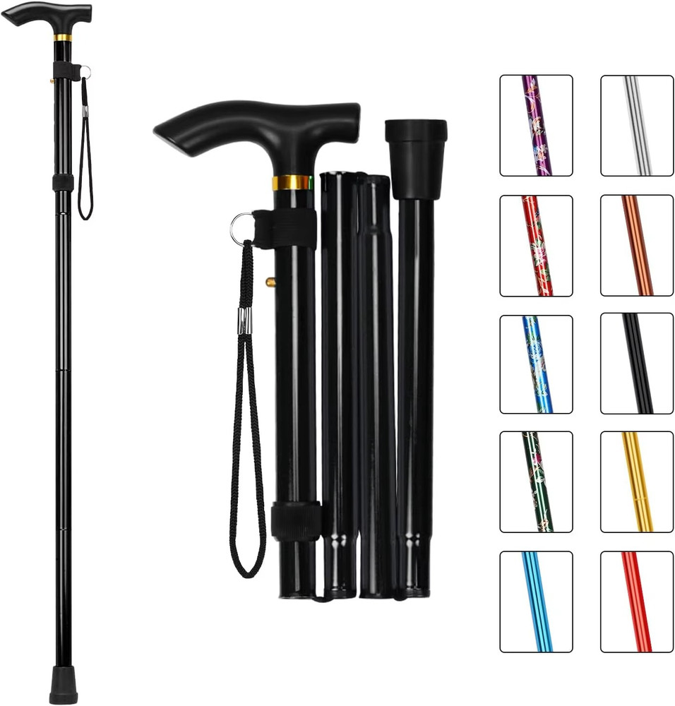 Black Folding Cane 5Level Adjustable Height Portable Walking Stick Wrist Strap