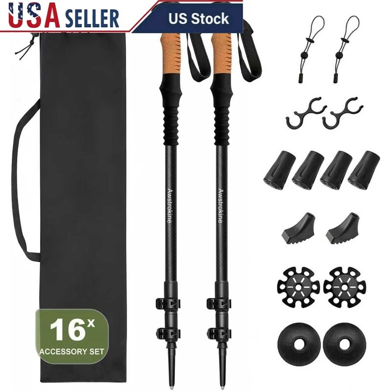 Lightweight Carbon Fiber Trekking Poles Adjustable Flip Lock All Terrain Gear US