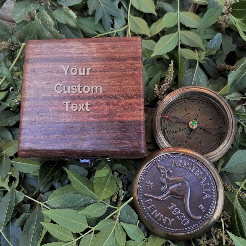 2″ Australia Penny [1930] Beautiful Antique Collectible Compass With Wooden Box