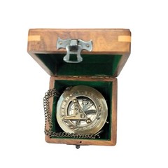 Vintage Antique Sundial Compass, With chain, With Wooden Box
