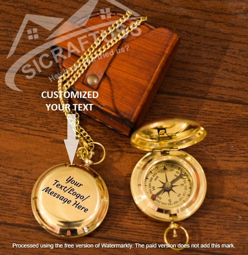2″ Push Button Shiny Brass Compass – Personalized Engraved Pocket Brass Compass.