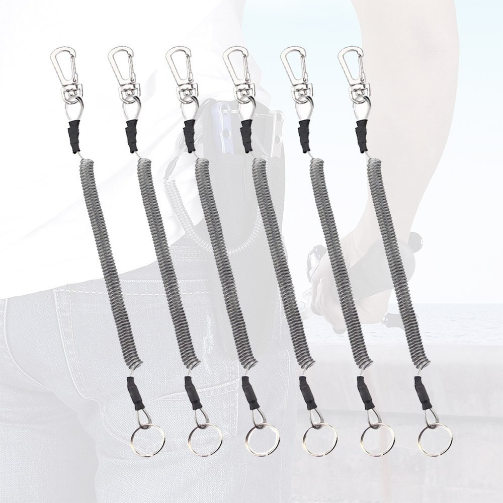 6Pcs Reusable Elastic Key Chains for Fishing Tools Grey PU Coiled Steel Wire