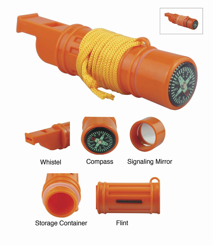 5-In-1 Emergency Survival Compass Whistle Fire Start Flint Signal Mirror Storage