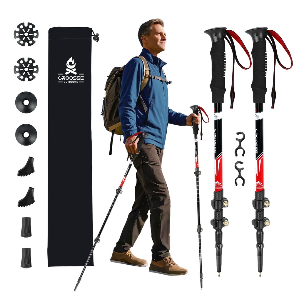 Lightweight Collapsible Trekking Poles for Hiking – 2 Pack Adjustable Red