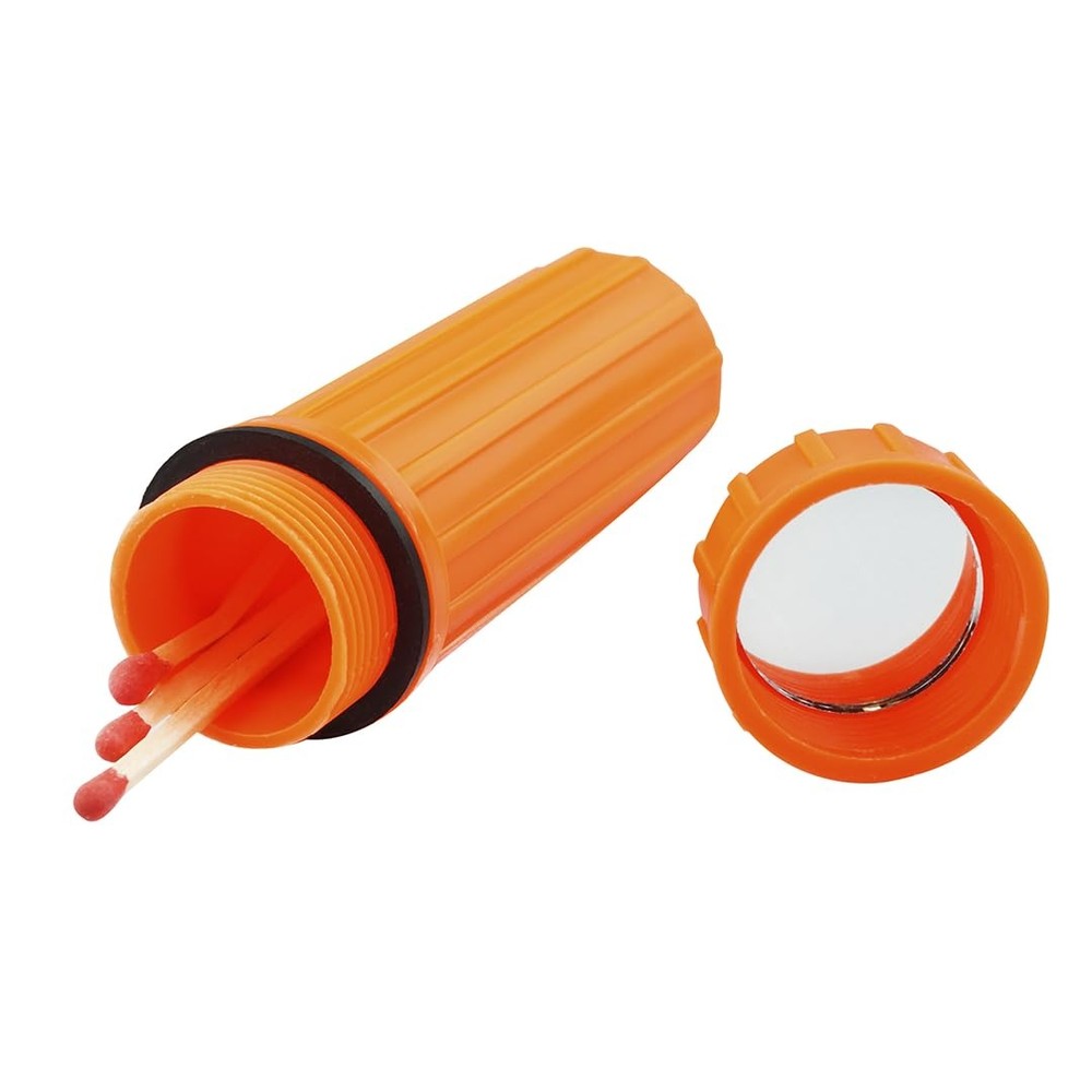Orange Waterproof Match Storage Box with Firestarter and Signaling Mirror