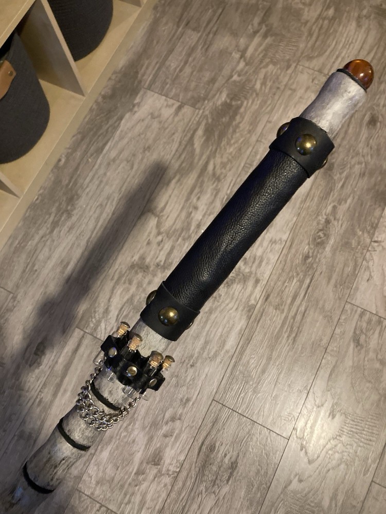Necromancer Dragon Mage Walking Cane With Leather Grip And Carved Vertebrae.