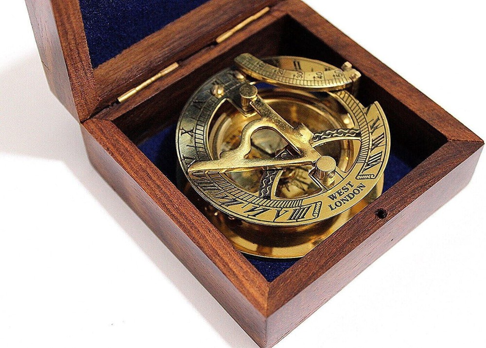 3″ Sundial Compass With Teak Wood Box Inlaid Solid Brass Pocket Compass Gift