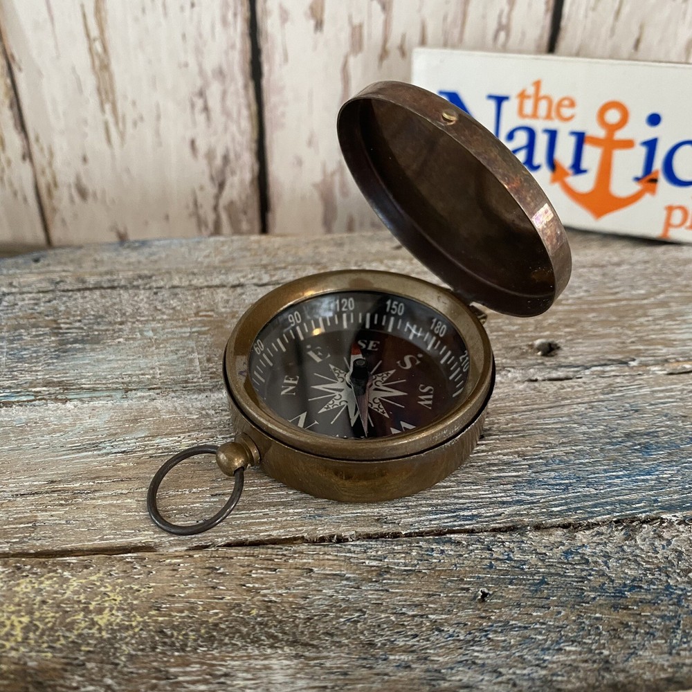 Antique Finish Brass Compass With Lid – Vintage Pocket Style – Nautical Keychain