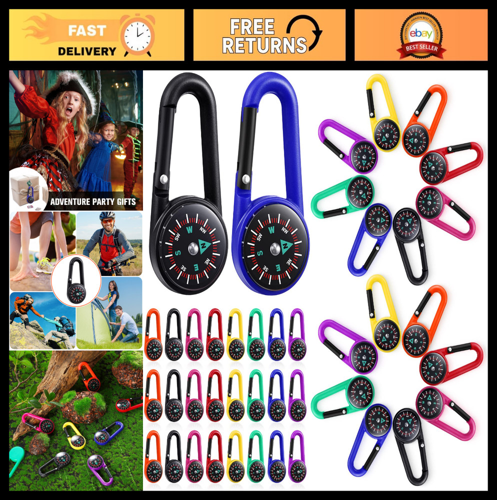 32 Pcs Compass Keychains for Kids – Adventure Camping Clips, Metal Buckle, Party