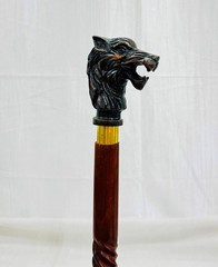 Walking Cane/Axe Handle Design, Black Metal Head, Gold Accent Band Walking Stick
