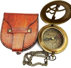 Brass Compass Sundial Engraved Compass With Leather Case Brass Compas With Chain