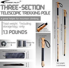 Trekking Poles- 1-Pc Pack – Adjustable Hiking or Walking Stick –Strong, Natural