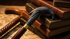 Walking Cane/Axe Handle Design, Black Metal Head, Wooden Shaft, Gold Accent Band