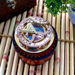 Antique Brass & Copper Sundial Compass, Sundial Clock in Leather Box Gift