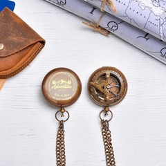 Handmade Antique Brass London Push-Button Compass with Leather Case