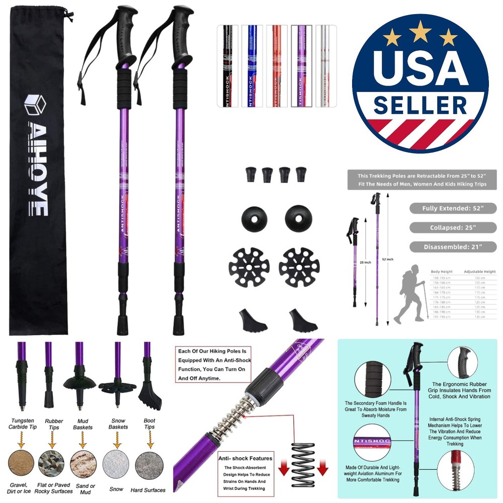 Adjustable Lightweight Trekking Poles for Hiking – 2 Pack with Replacement Tips