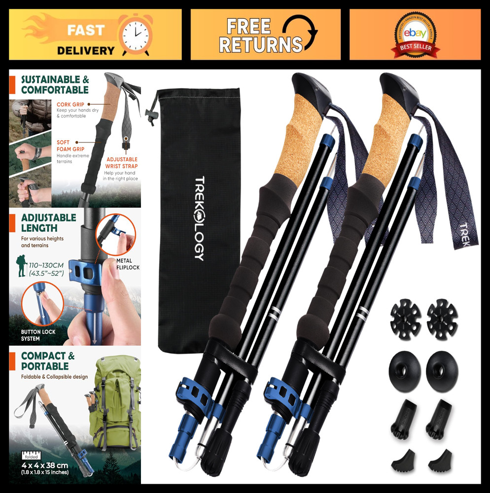 Lightweight Adjustable Trekking Poles with Cork Grip – Compact Folding Hiking St