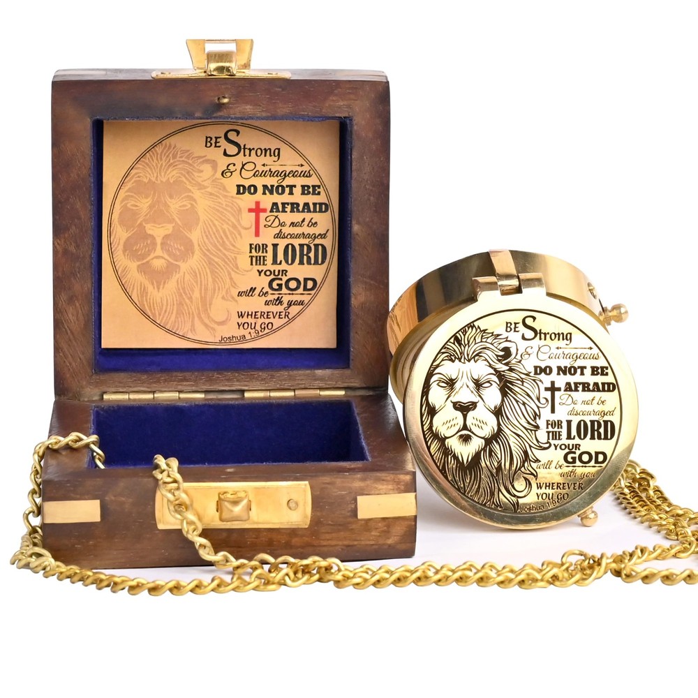 Brass Compass Engraved Religious Scripture Joshua 19 Baptism Wood Box Gift