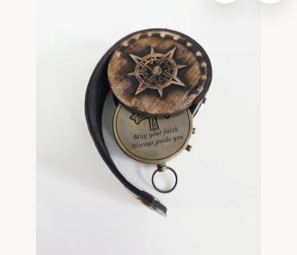 Personalized Brass Pocket Compass with Leather Case Christian Engraved Baptism