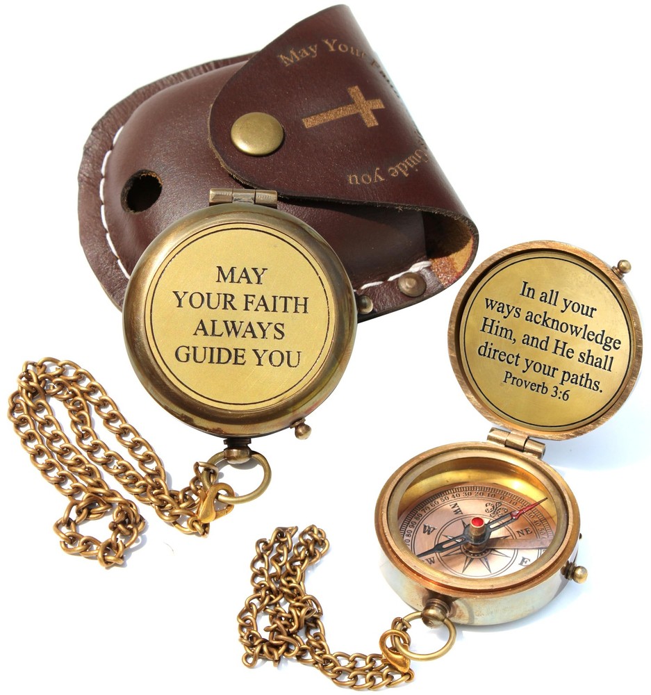 Engraved Working Compass Leather Case Religious Gift Men Women Baptism