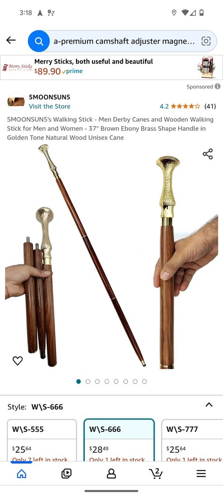 Brand New 5MOONSUN5 Derby Canes Wooden 37″ Walking Stick UNISEX Wood & Brass