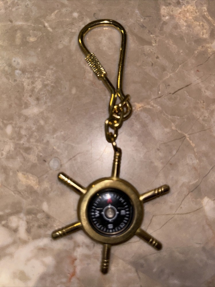 VTG Metal Pocket Keychain Loop Compass Unbranded Working Gold Tone Patina boat
