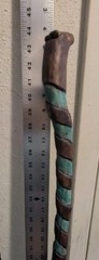 ​Custom Hand Carved Oak Cane Walking Stick Teal Spiral Petrified Wood Inlay 45″